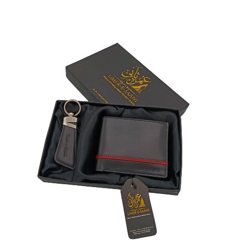 Black Leather Wallet & Keychain Gift Set with Red Accent – Premium Umer e Saani Collection