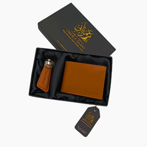 Caramel Brown Leather Wallet & Keychain Gift Set – Premium Umer e Saani Collection
