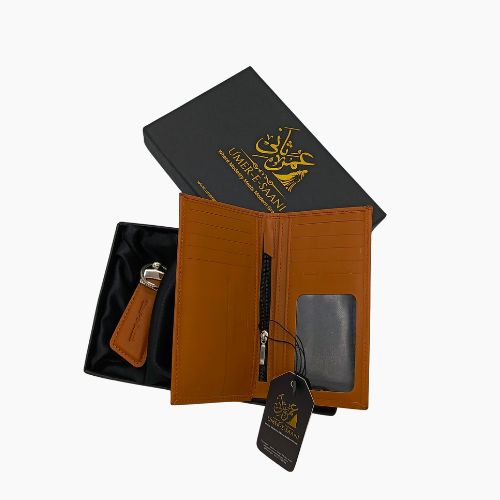 Caramel Brown Long Leather Wallet & Keychain Gift Set – Premium Umer e Saani Collection