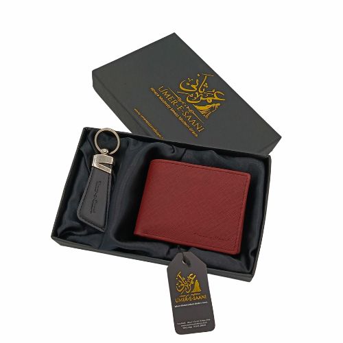 Saffiano Leather Wallet & Keychain Gift Set – Deep Burgundy Red