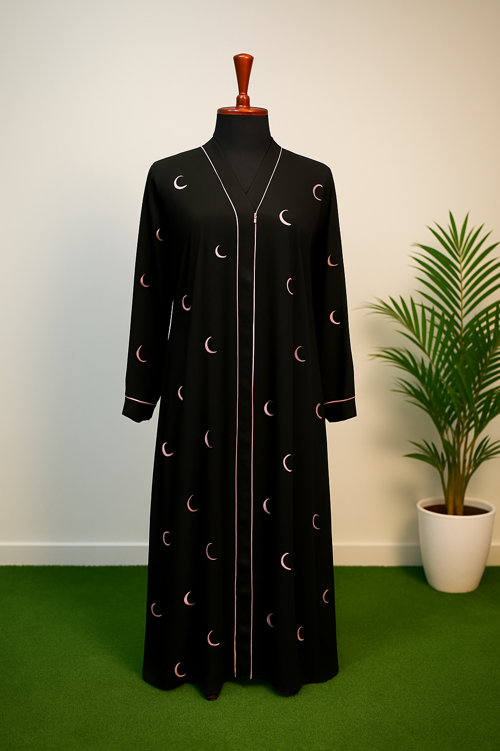 Elegant Black Abaya with Crescent Moon Embroidery – Premium Crepe Modest Wear