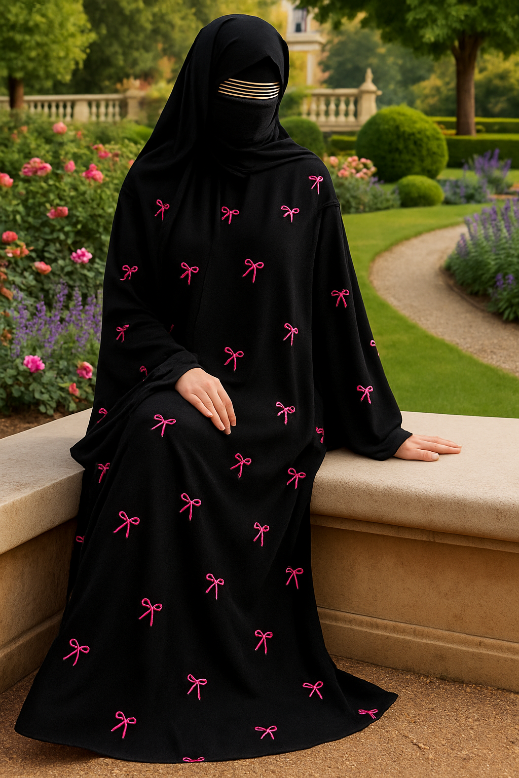 Elegant Black Abaya with Pink Bow Embroidery & Matching Scarf – Premium Crepe Modest Wear