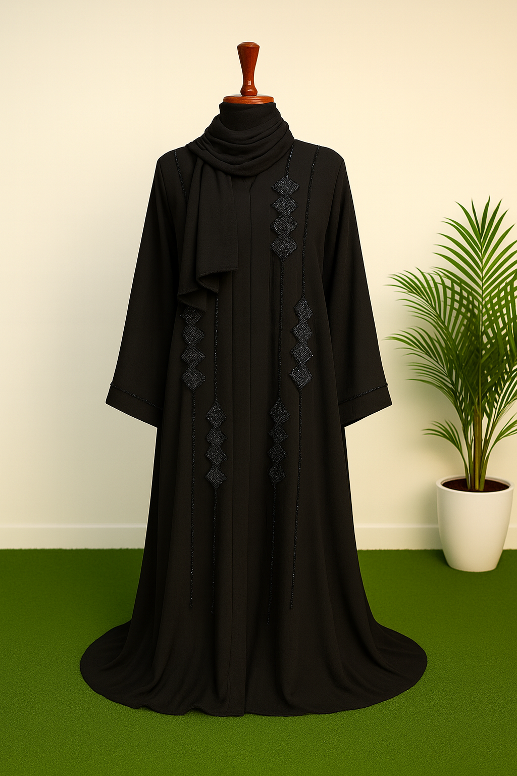 Elegant Black Abaya with Navy Diamond Embroidery & Matching Scarf – Premium Crepe Modest Wear