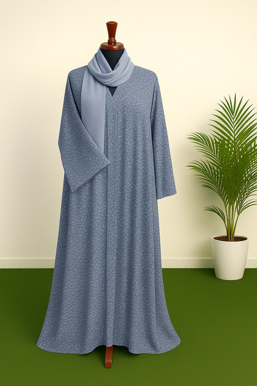 Elegant Blue Printed Abaya with Matching Scarf – Premium Crepe Modest Wear