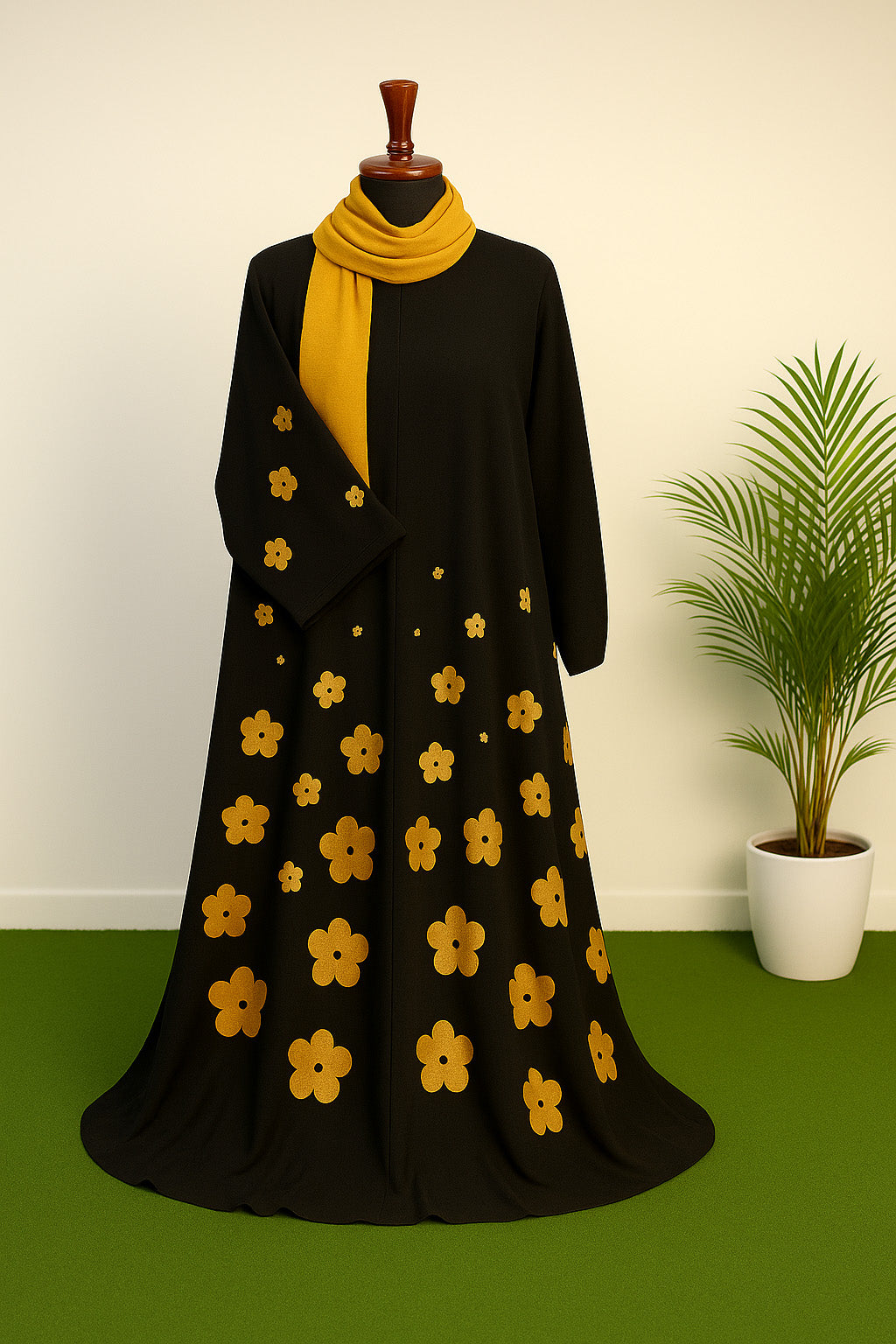 Elegant Black Abaya with Golden Floral Design & Matching Scarf