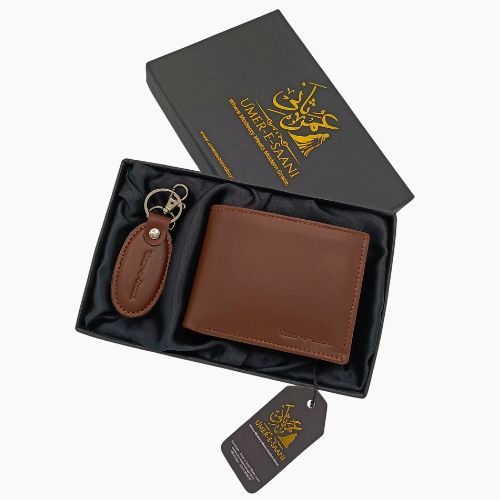 Cognac Brown Leather Wallet & Oval Keychain Gift Set – Luxury Umer e Saani Collection