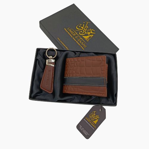 Croc-Texture Leather Wallet & Keychain Gift Set – Rich Brown