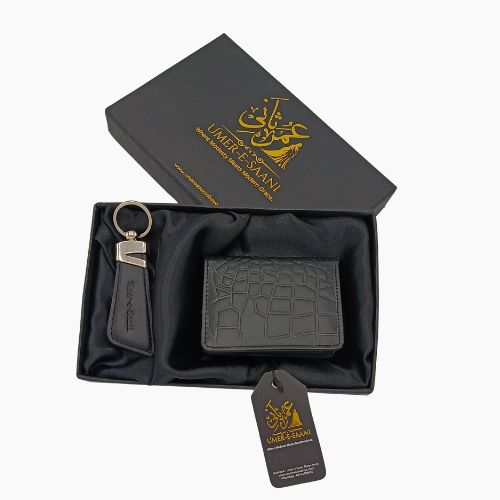 Black Croc-Texture Leather Wallet & Keychain Gift Set – Premium Umer e Saani Collection