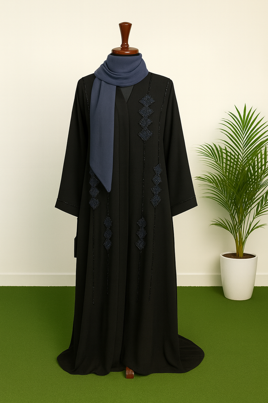 Elegant Black Abaya with Navy Diamond Embroidery & Matching Scarf – Premium Crepe Modest Wear