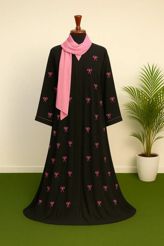 Elegant Black Abaya with Pink Bow Embroidery & Matching Scarf – Premium Crepe Modest Wear